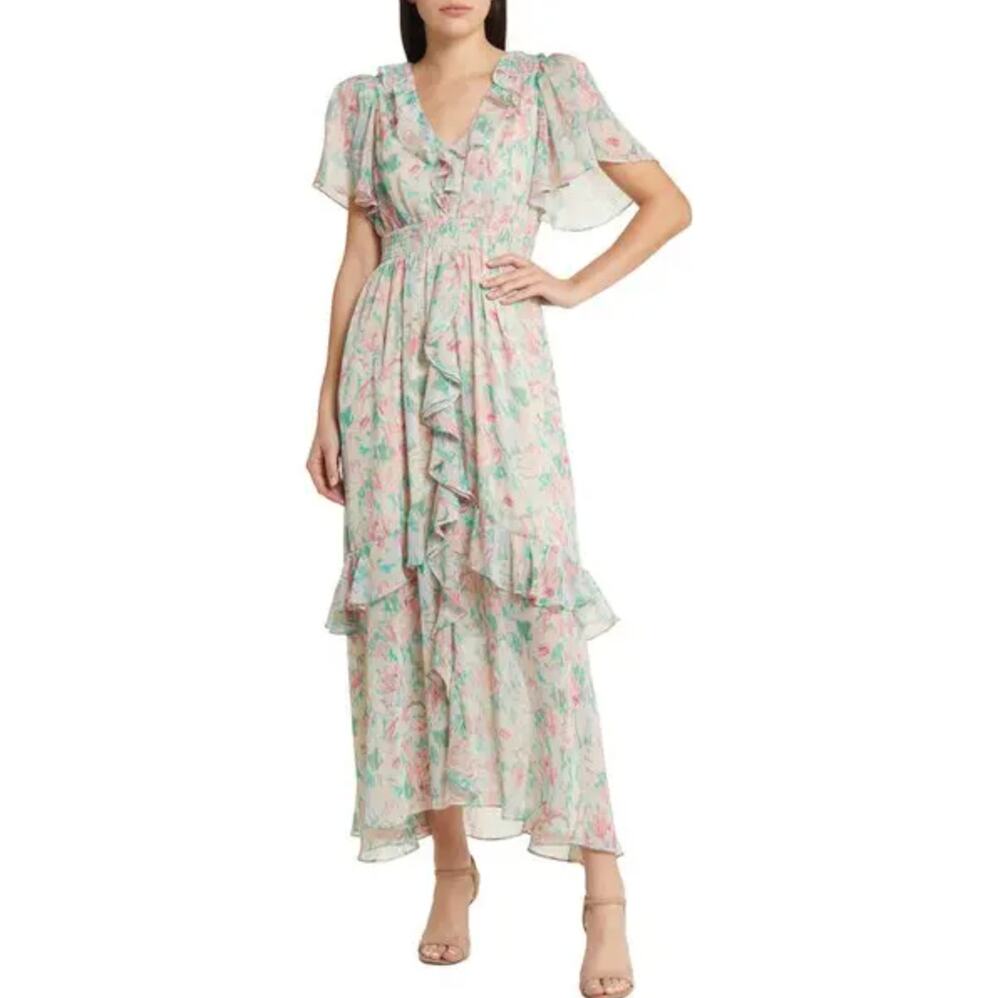 Floret Studios Floral Ruffle Tiered Chiffon Flutter Sleeve Dress • Size M